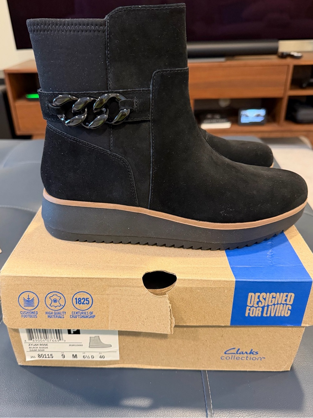 Clarks Black Suede Ankle Boots with Chain Accent